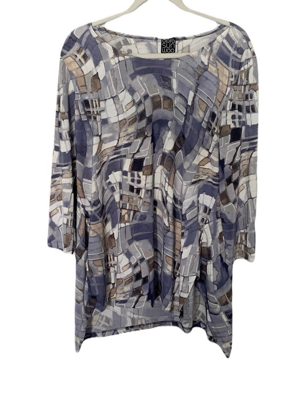 Clara Sun Woo Medium Blue Purple and Neutral Abstract Print Tunic Top Artsy